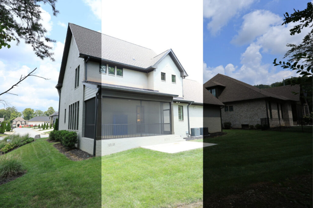 Exposure comparison for AI real estate photo editing of a home exterior