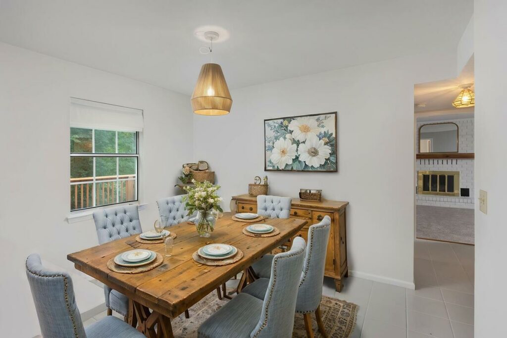 AI virtual staging of a dining room with blue upholstered chairs