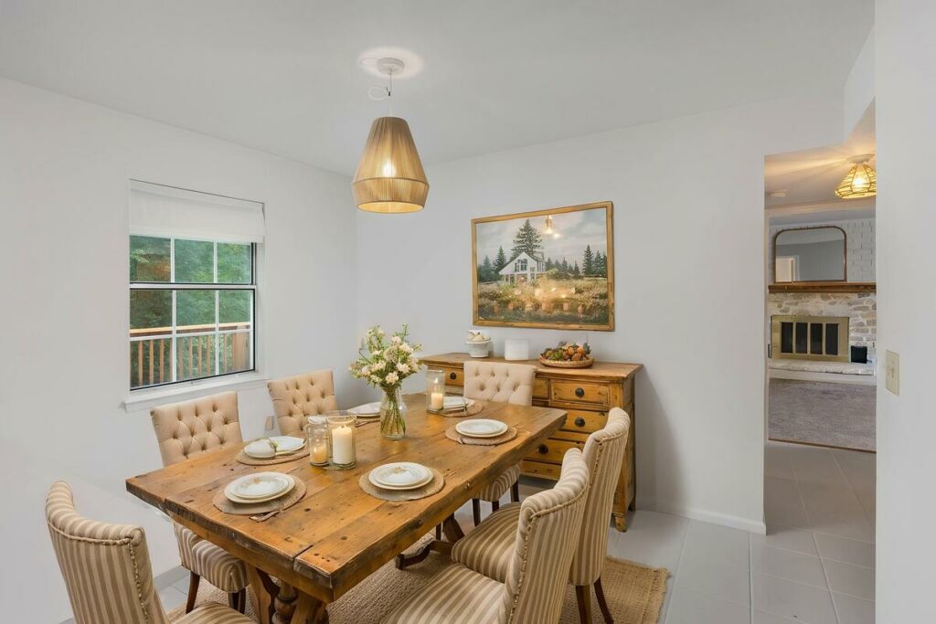 AI virtual staging of a farmhouse dining room with upholstered chairs