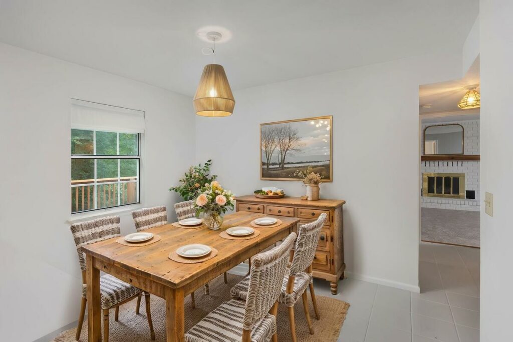 AI virtual staging of a rustic dining room with a wooden table
