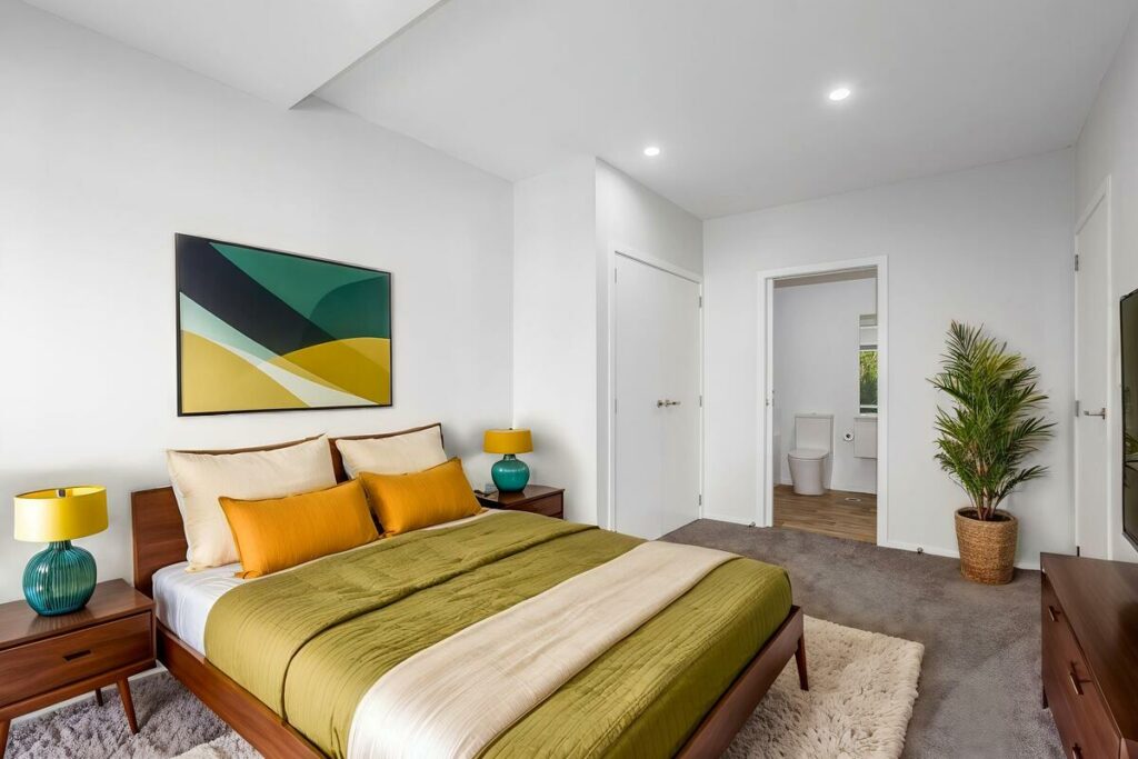 AI virtual staging of a bedroom with green and yellow decor