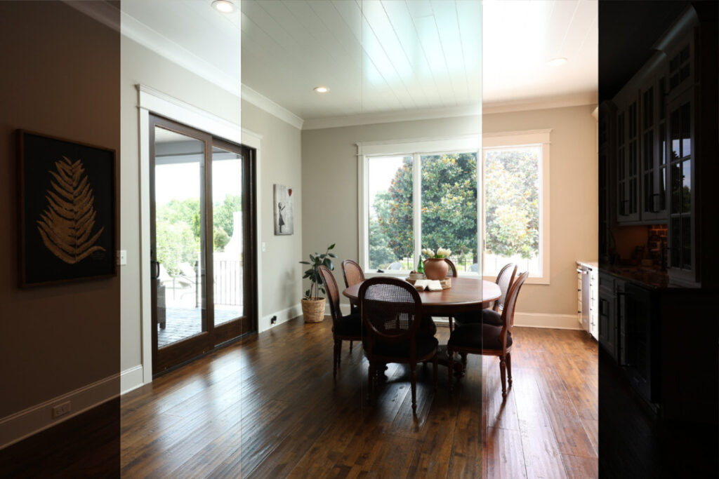 Multiple exposures of a dining room before professional photo editing