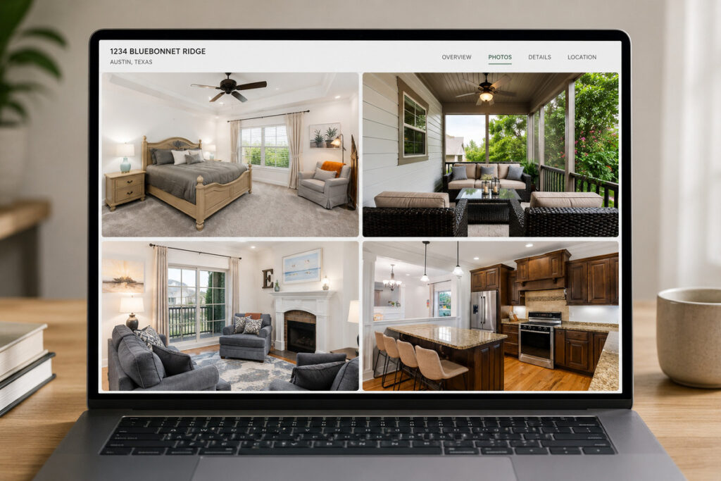 Professional photo editing property gallery displayed on a laptop