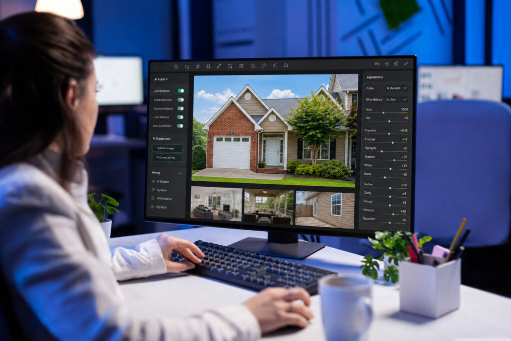 Professional photo editing of a real estate image on a desktop monitor