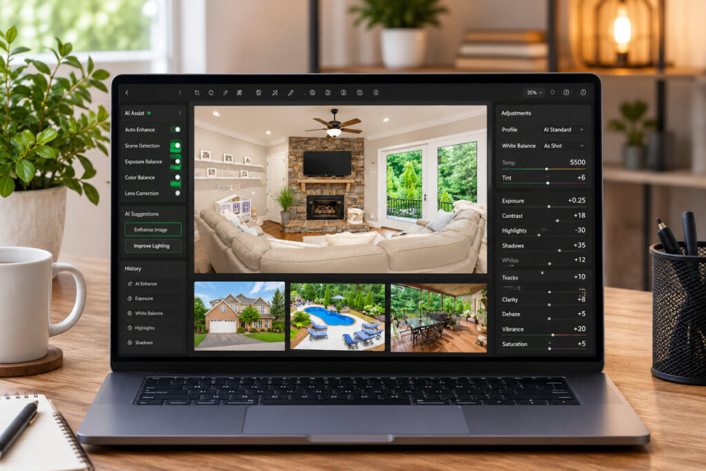 Professional photo editing interface showing a real estate interior on a laptop