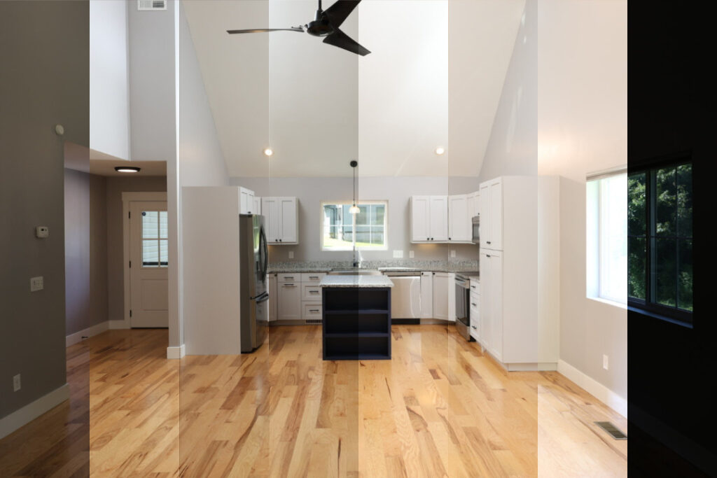 Real estate photo editing services correcting exposure in a kitchen photo