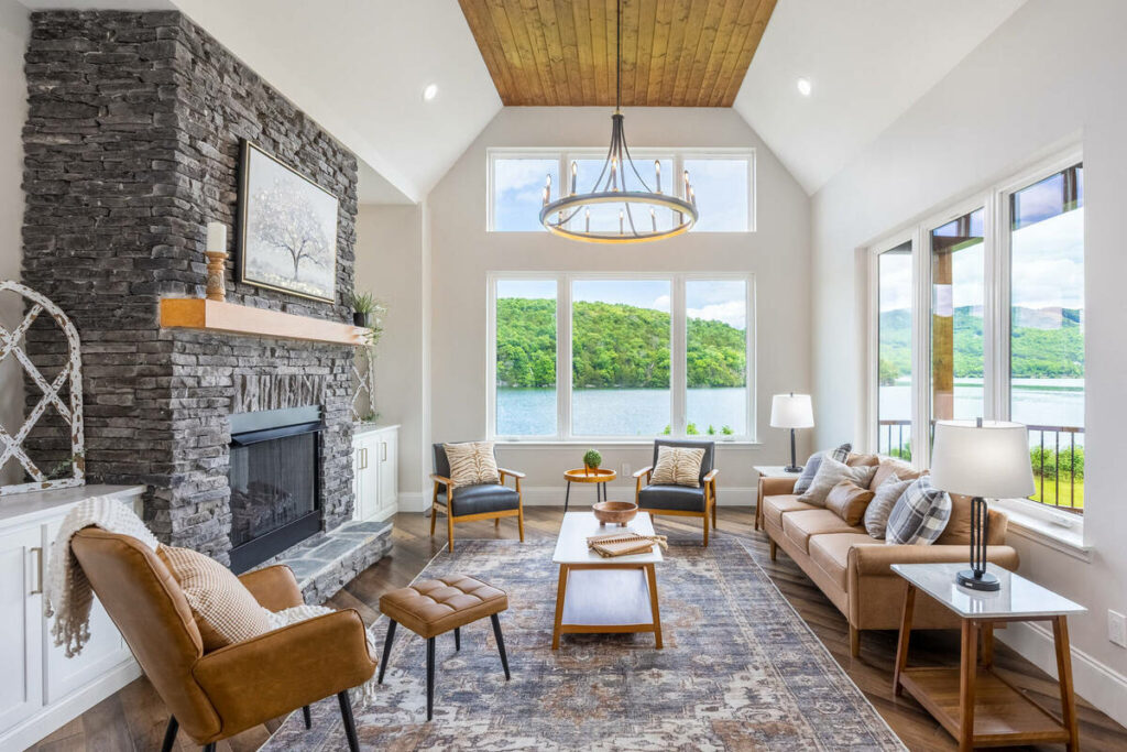 Lakeview living room enhanced with real estate photo editing services.