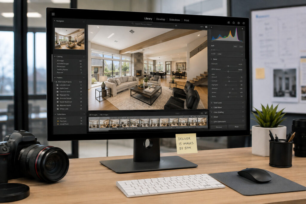 AI photo editing workspace displaying a real estate interior