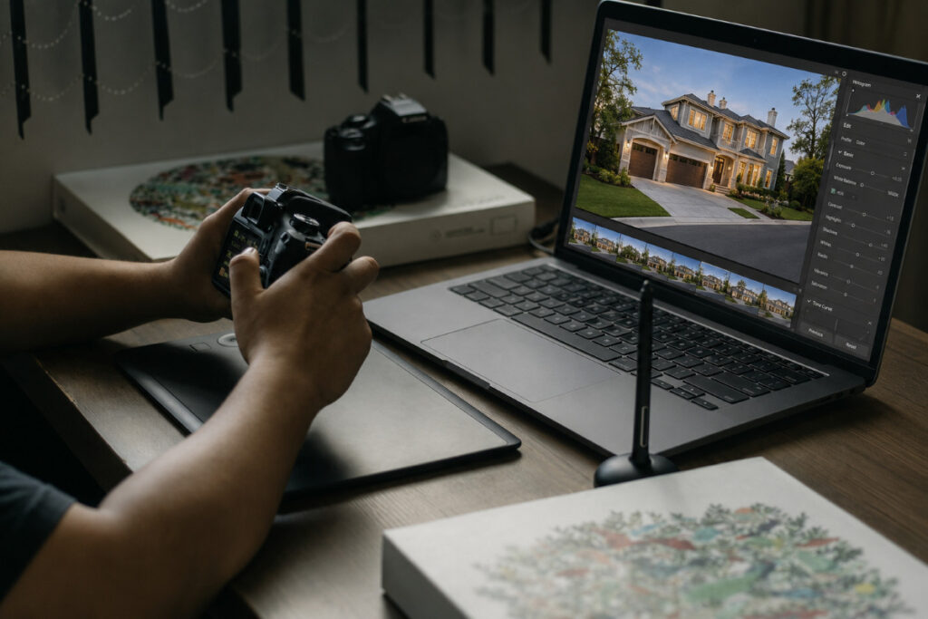 Photographer using AI photo editing for real estate images