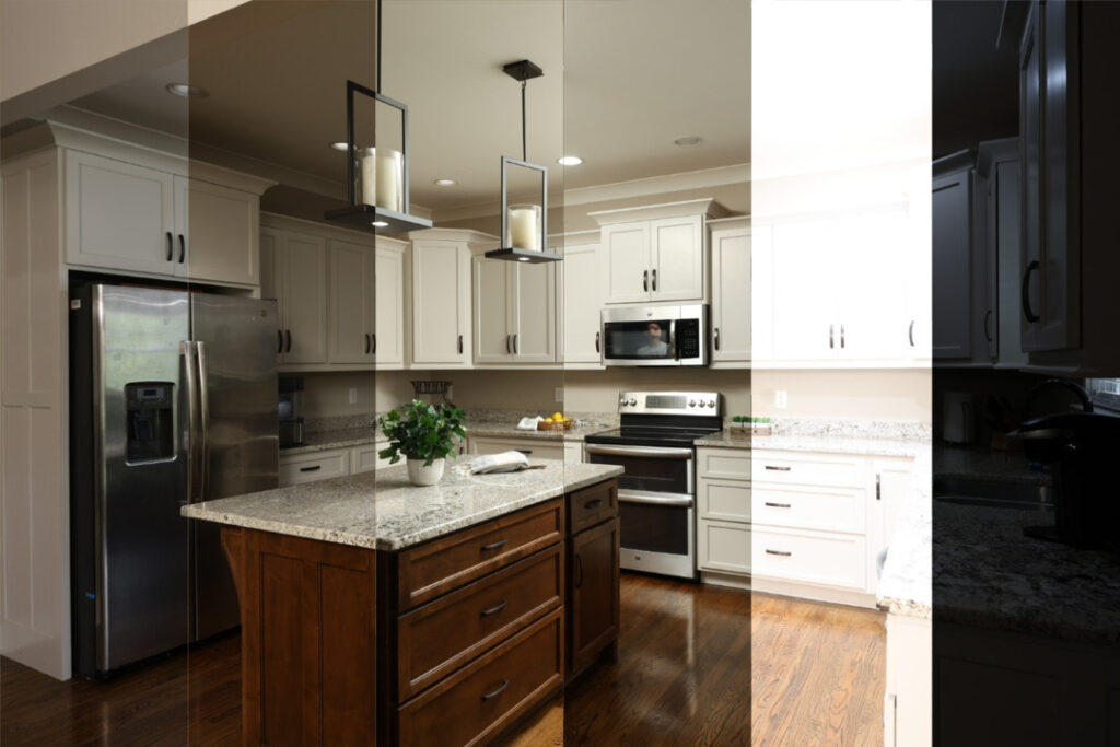AI photo editing tools showing different exposure levels in a kitchen photo