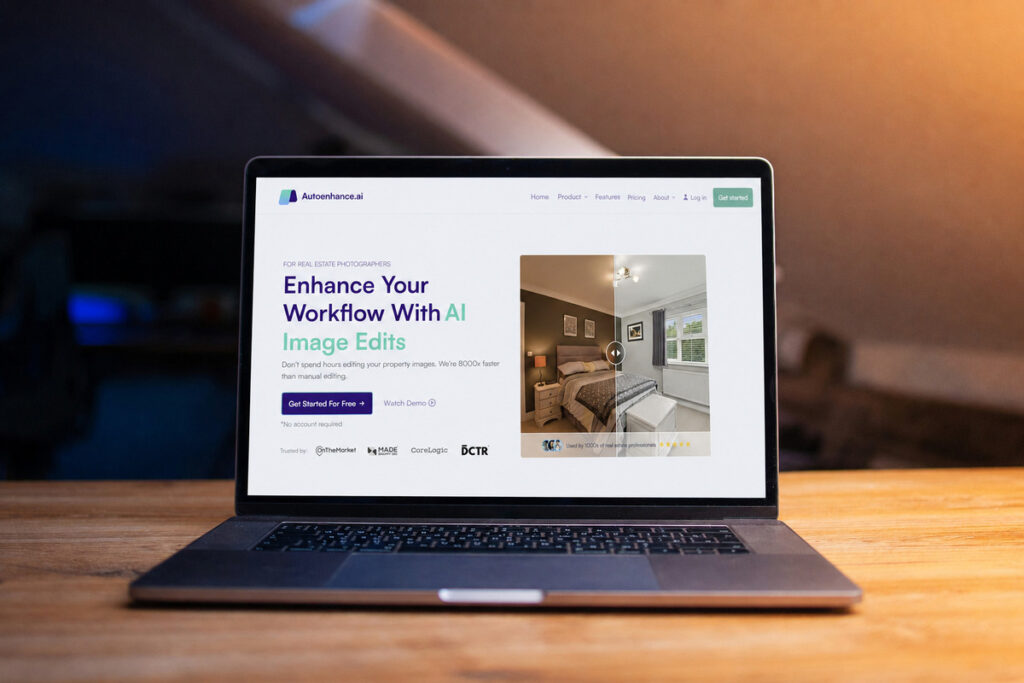 AI real estate photo editing tool Autoenhance displayed on a laptop