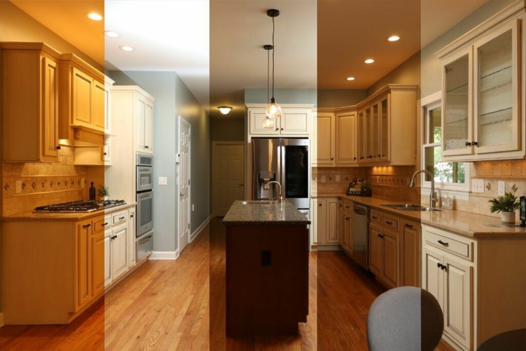 AI photo editing before image of a kitchen with uneven exposure and color