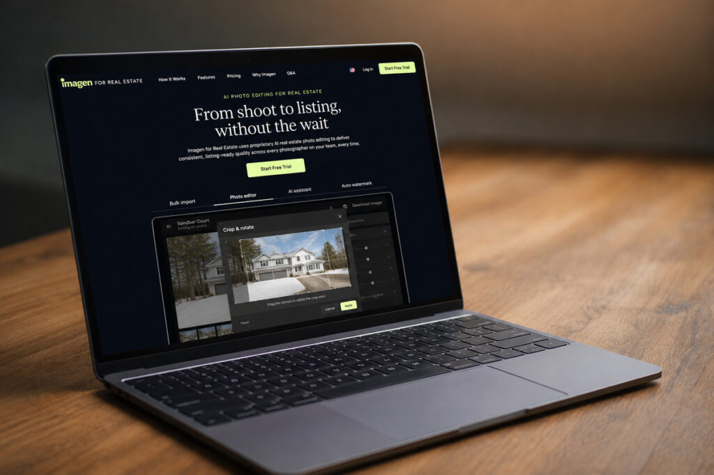 Imagen AI real estate photo editing platform displayed on a laptop