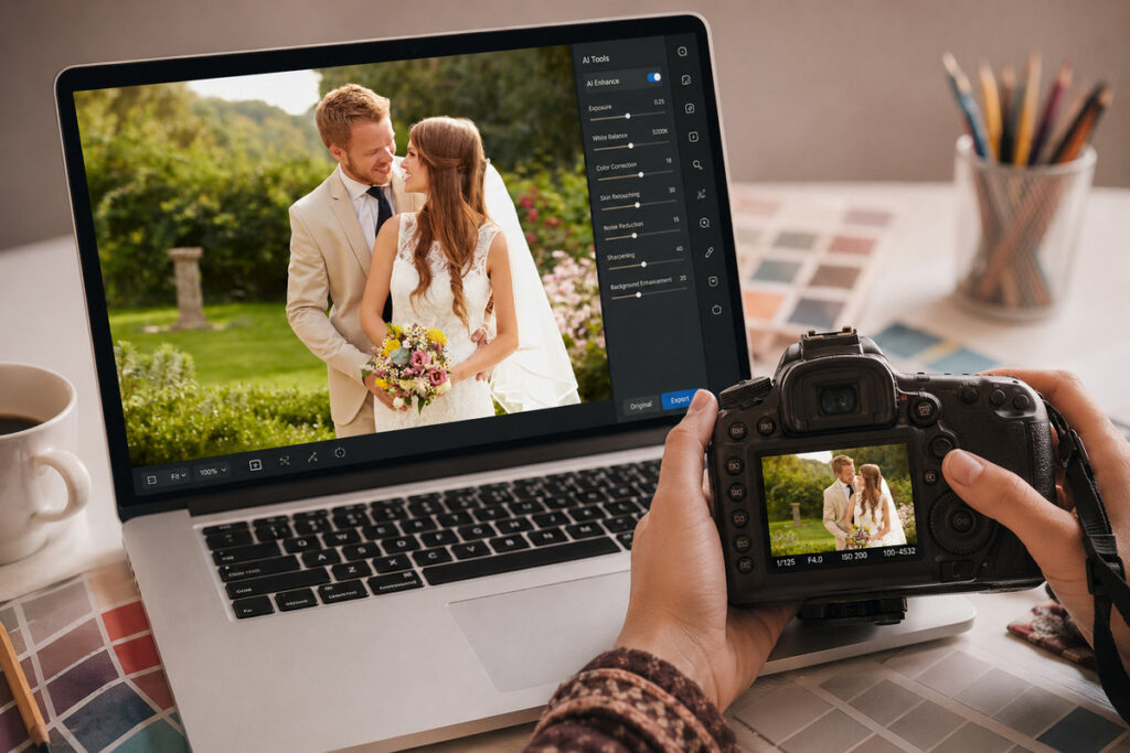 Professional wedding photo editing services with a wedding portrait displayed on a laptop and camera