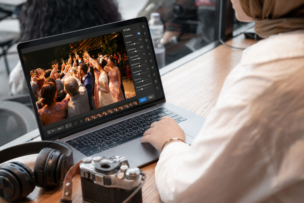 Professional wedding photo editing services used to enhance a wedding reception photo