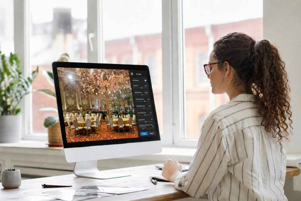 Wedding venue image being refined with professional wedding photo editing services