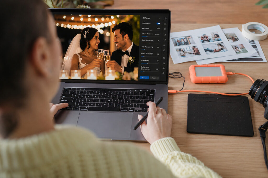 Professional wedding photo editing services used to edit a wedding couple portrait on a laptop