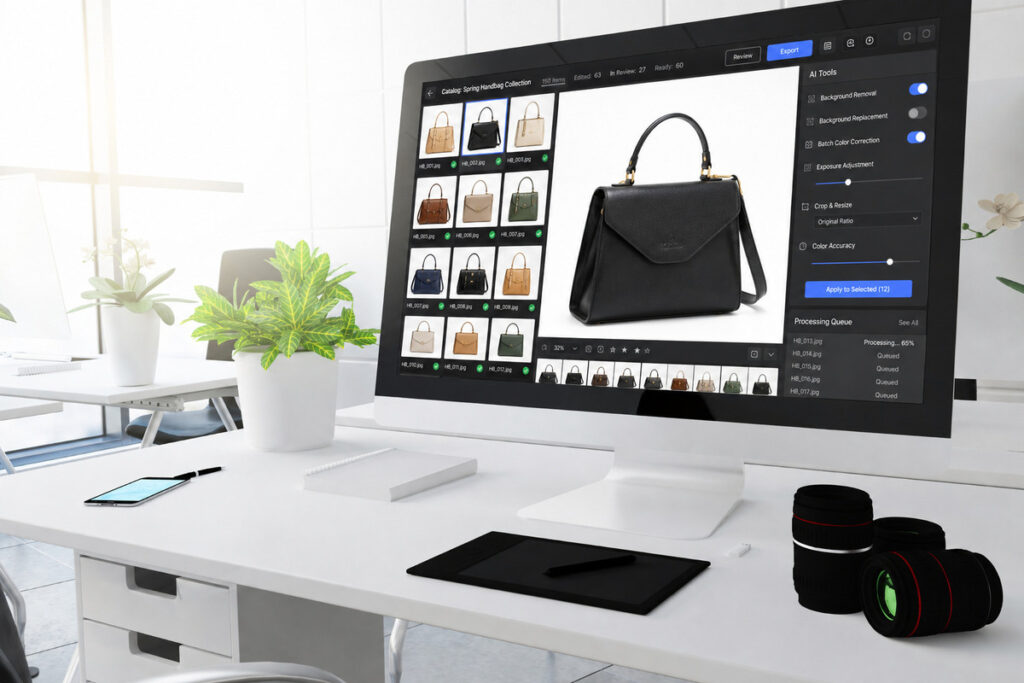 Product photo editing workflow for a handbag catalog on a desktop monitor