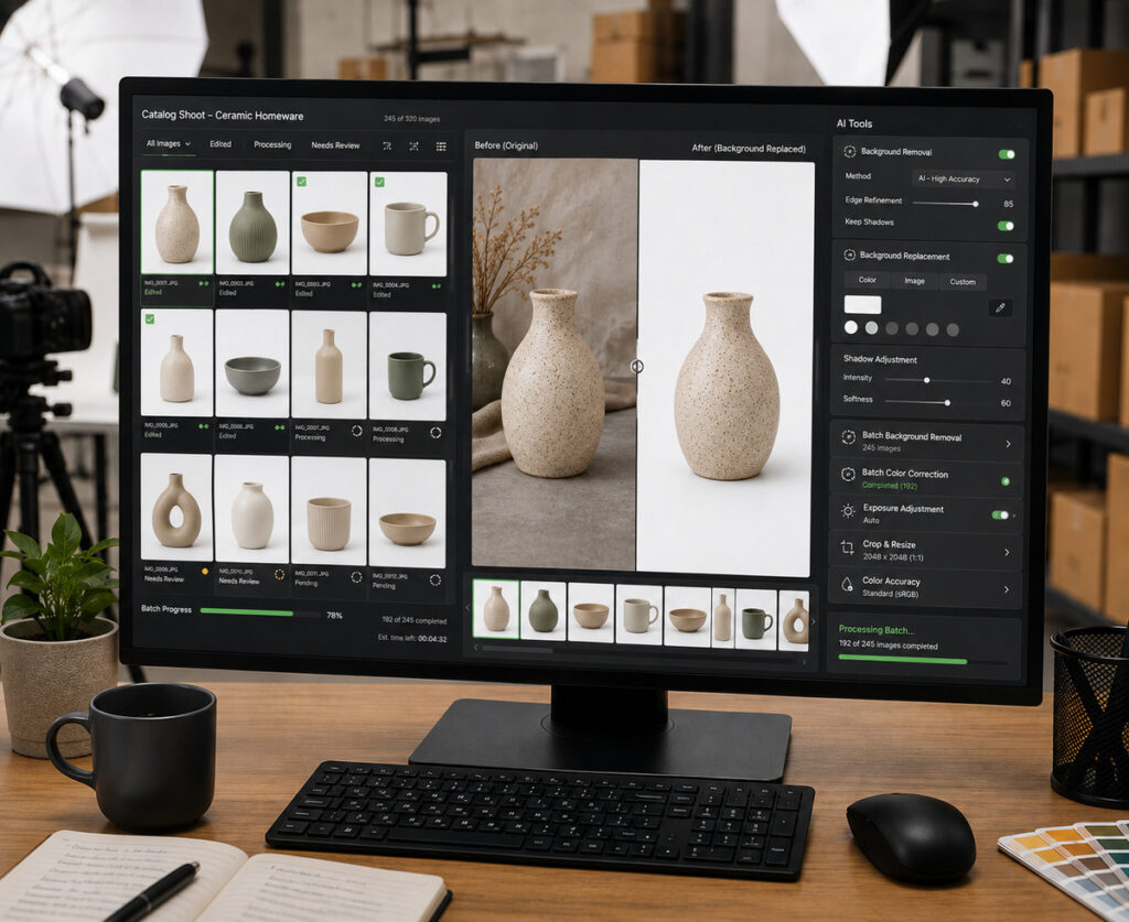 Product photo editing interface showing background removal for ceramic homeware