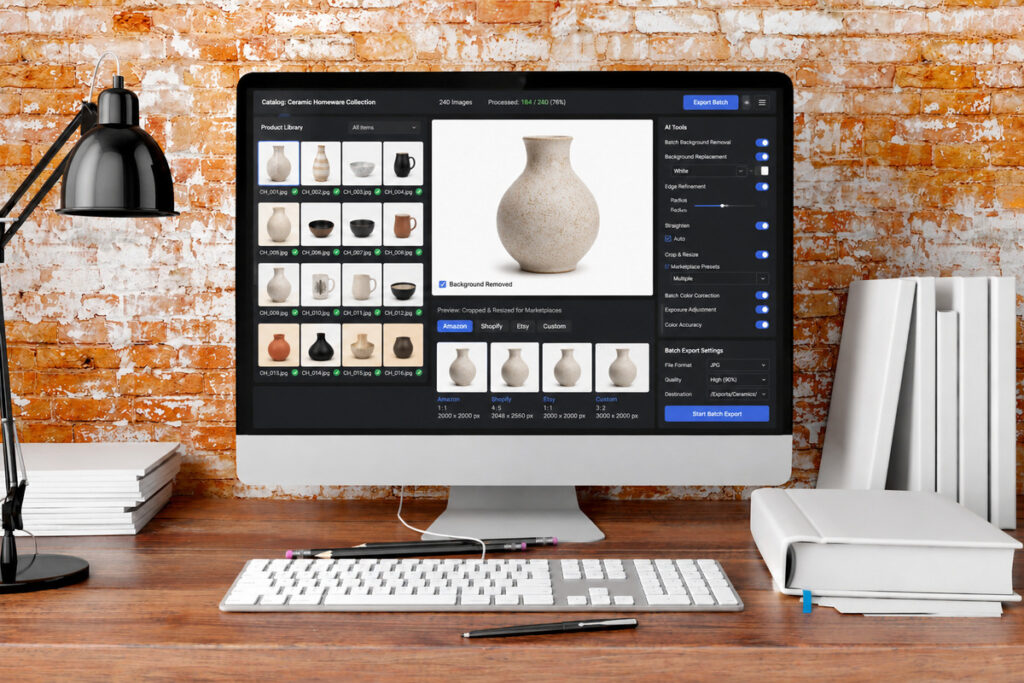 Product photo editing workflow for batch processing a ceramic product catalog