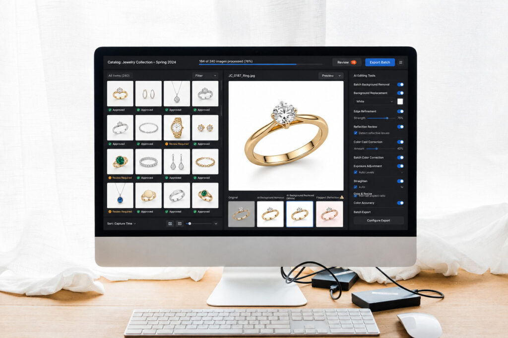 Product photo editing interface for a jewelry catalog with background replacement