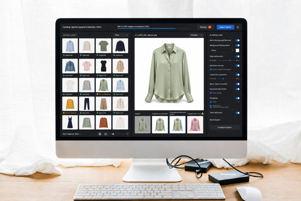 Product photo editing workflow for clothing in different fabrics and colors