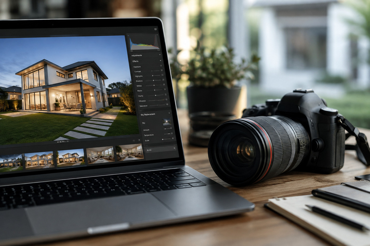AI real estate photo editor displaying a property photo beside a professional camera