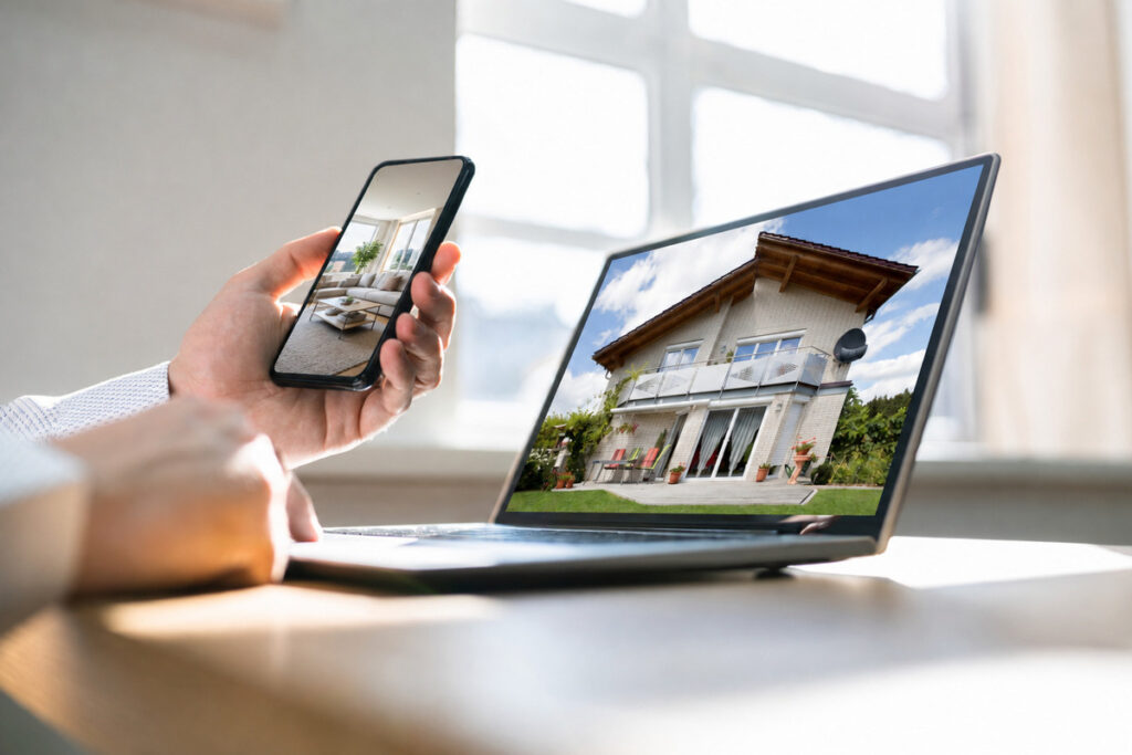 Real estate photos displayed on a laptop and phone using an AI real estate photo editor