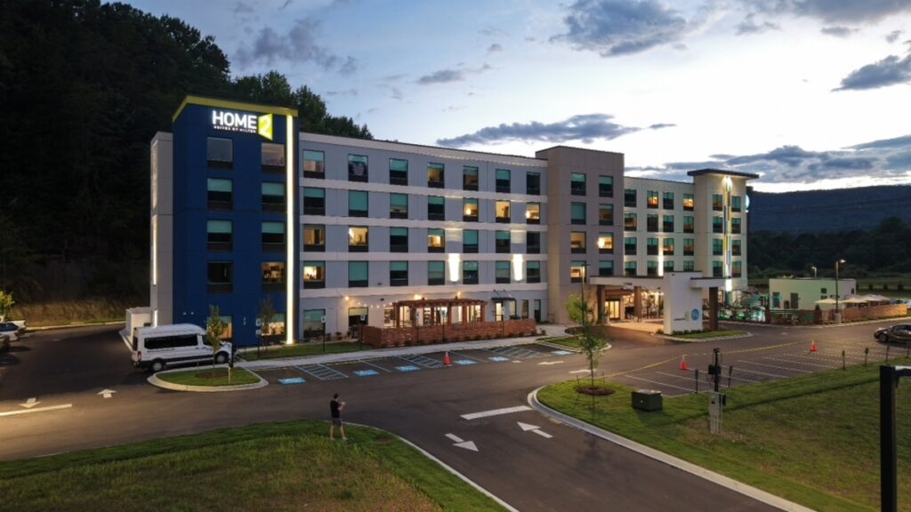 Hotel exterior before twilight conversion with an AI real estate photo editor