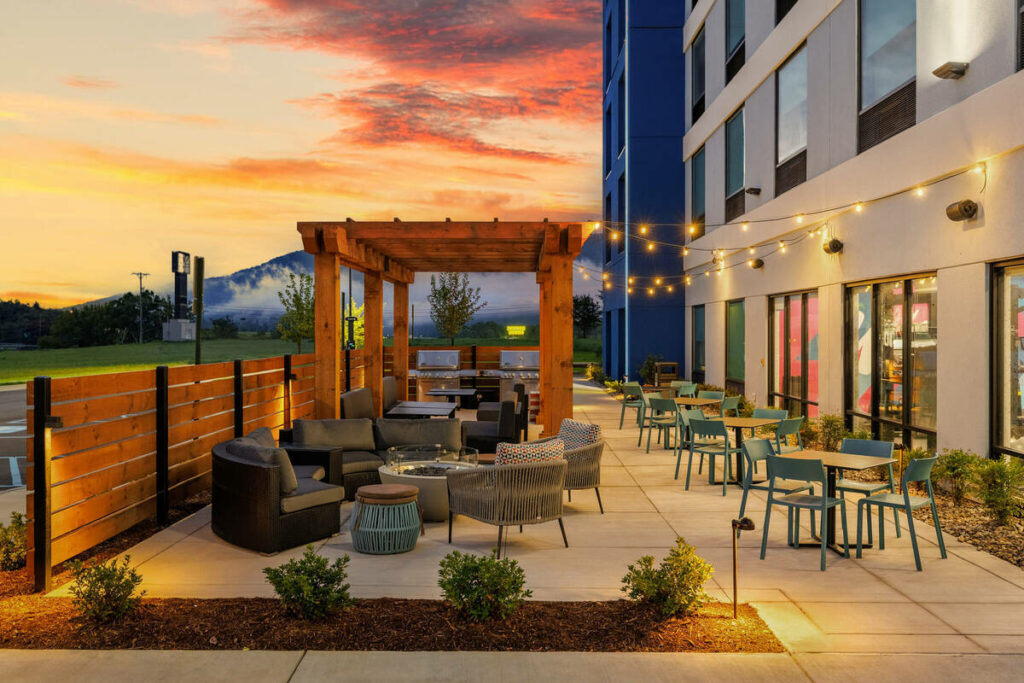 Architecture photography of a modern commercial outdoor space at twilight.