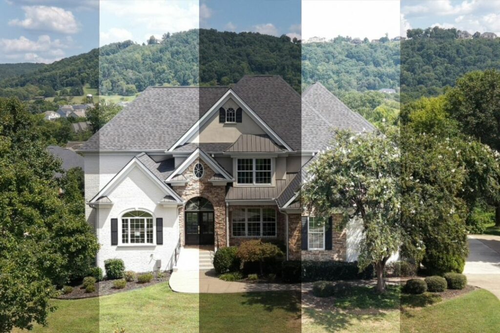 Architecture photography exposure brackets of a luxury home exterior in different lighting levels.