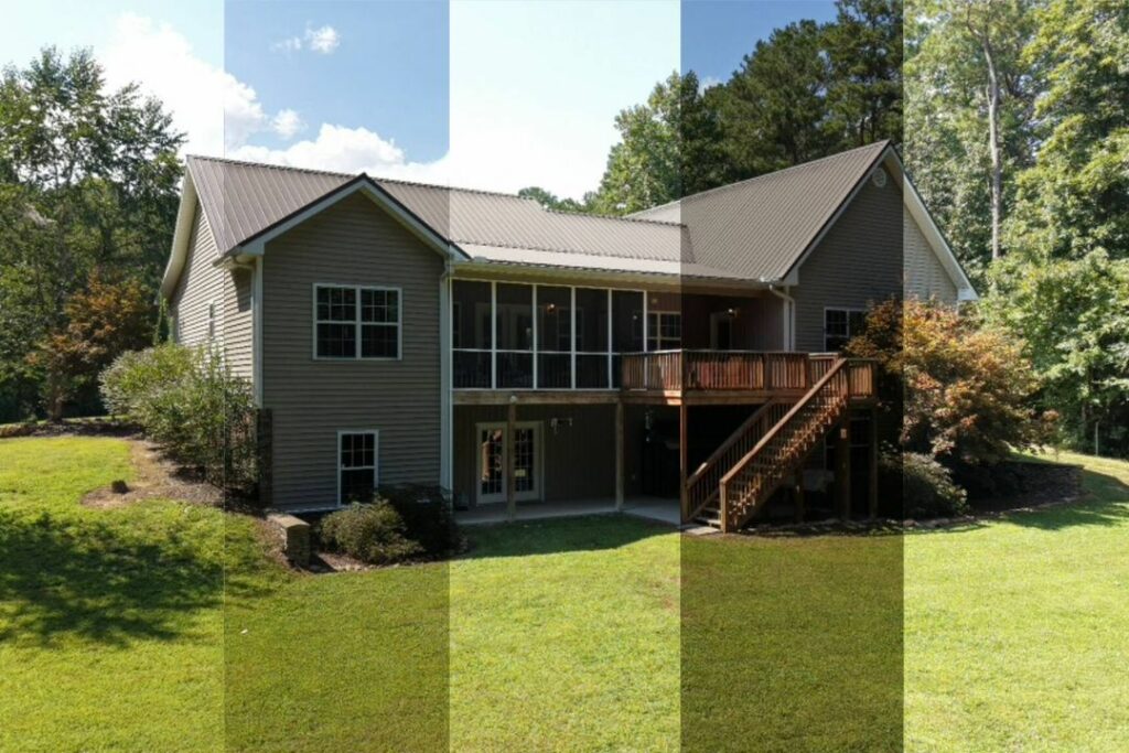 Architecture photography showing bracketed exposures of a residential home exterior.