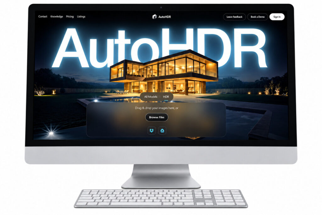 AutoHDR vs AI photo editing shown on a desktop monitor with the AutoHDR real estate editing platform