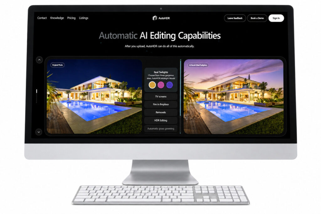 AutoHDR vs AI photo editing comparison showing automatic real estate editing capabilities on a desktop monitor