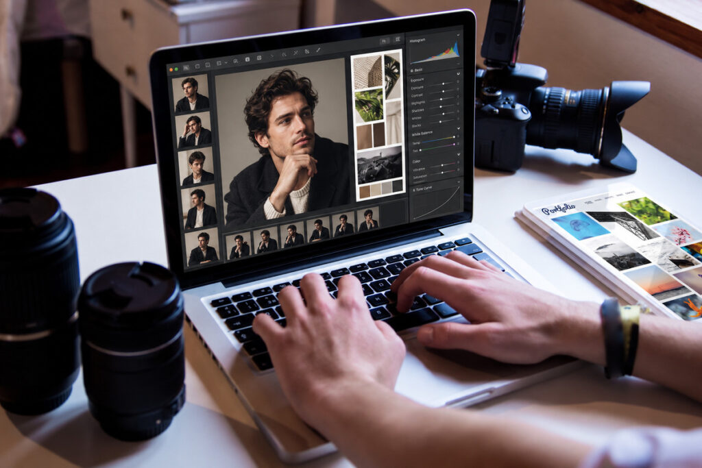 Editorial photo editing workflow featuring a male fashion portrait on a laptop