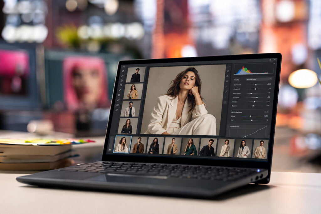 Editorial photo editing workflow showing fashion models and consistent portrait color grading