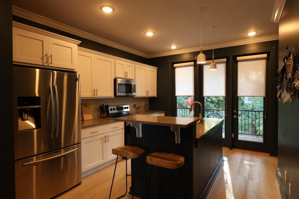 Kitchen before dodge and burn with dark areas and warm lighting