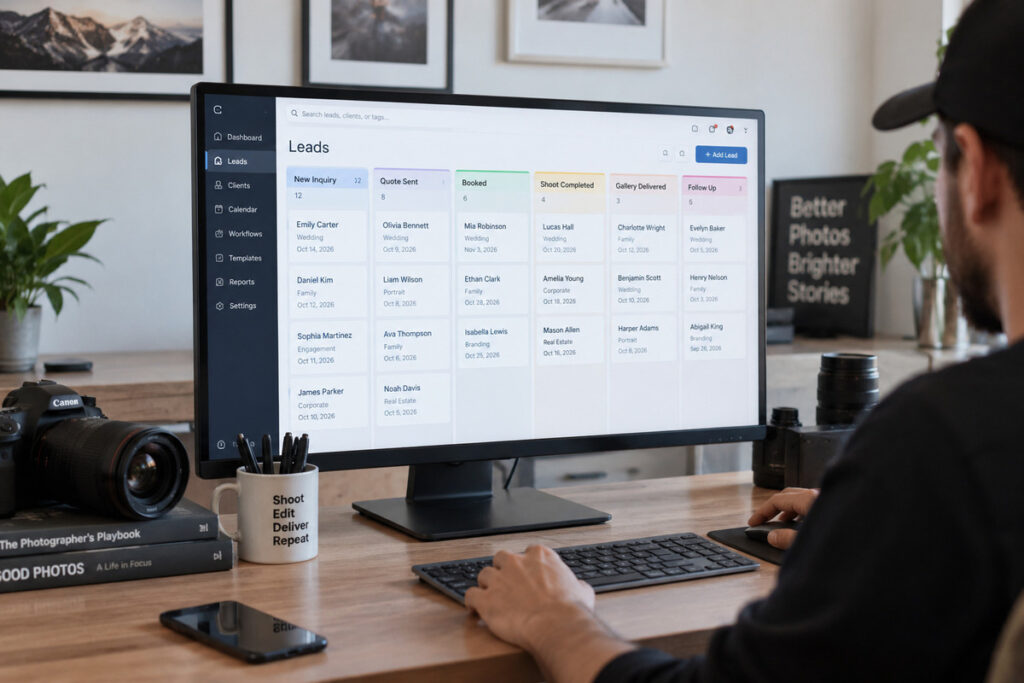 CRM for photographers showing photography leads organized by inquiry, booking, shoot, delivery, and follow-up stages