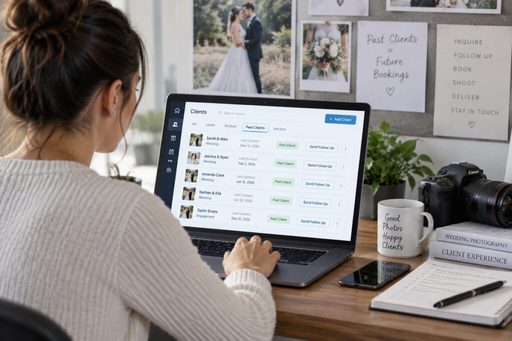 CRM for photographers displaying past photography clients and follow-up reminders on a laptop