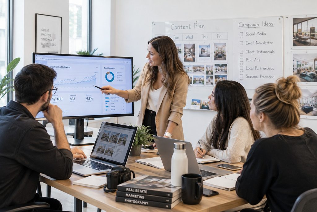 Growth Coordinator working with a marketing team on real estate photography campaigns