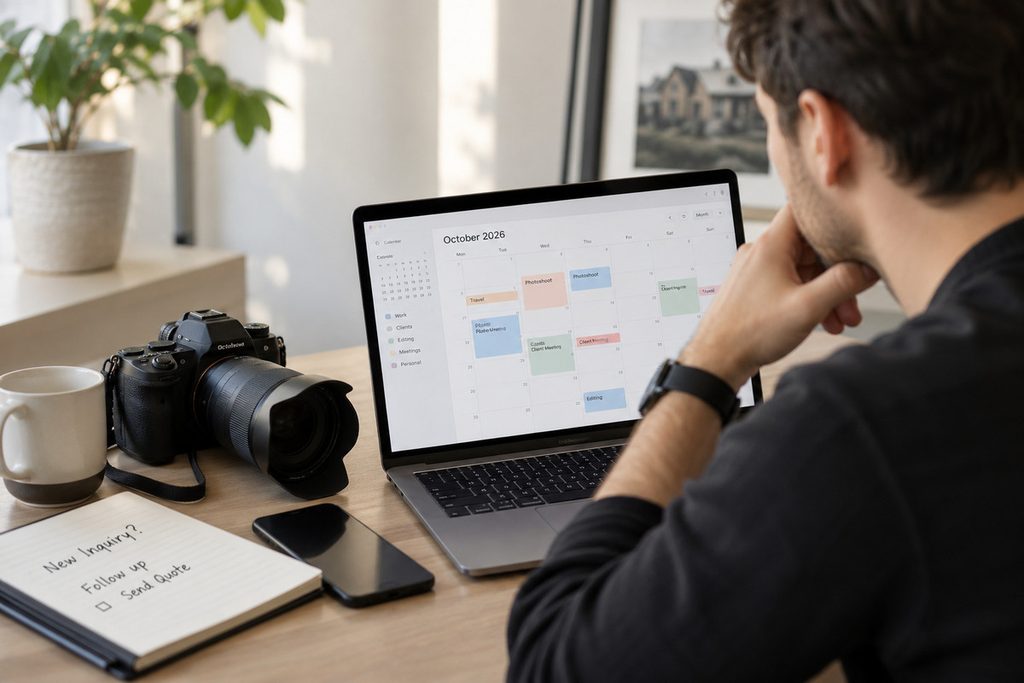 Photography coordinator reviewing a busy photography schedule