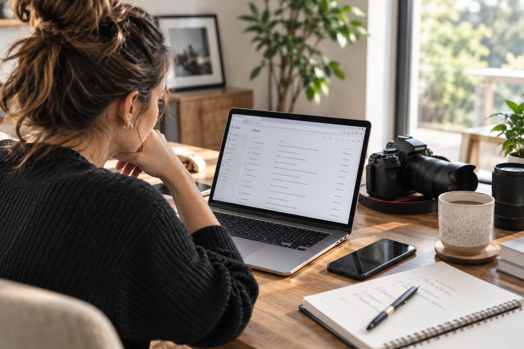 Photography coordinator managing client emails and follow-ups