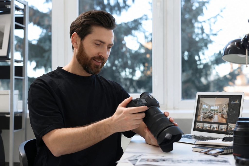 Real estate photographer reviewing images while outsource photo editing is handled on a laptop.
