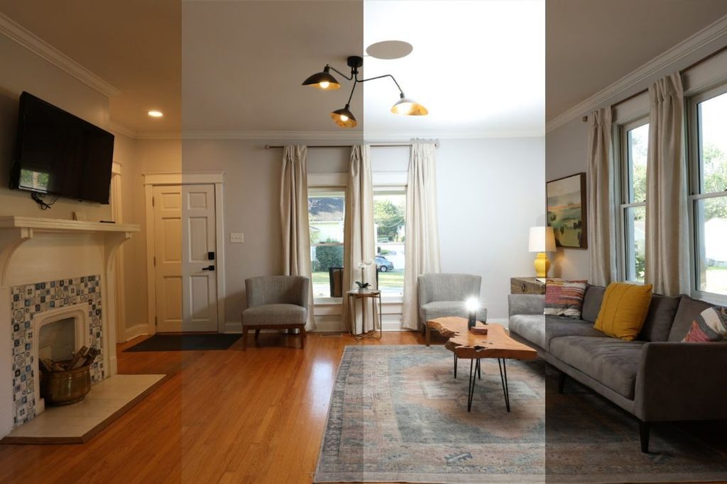 Before-and-after comparison showing professional real estate photo editing improvements.