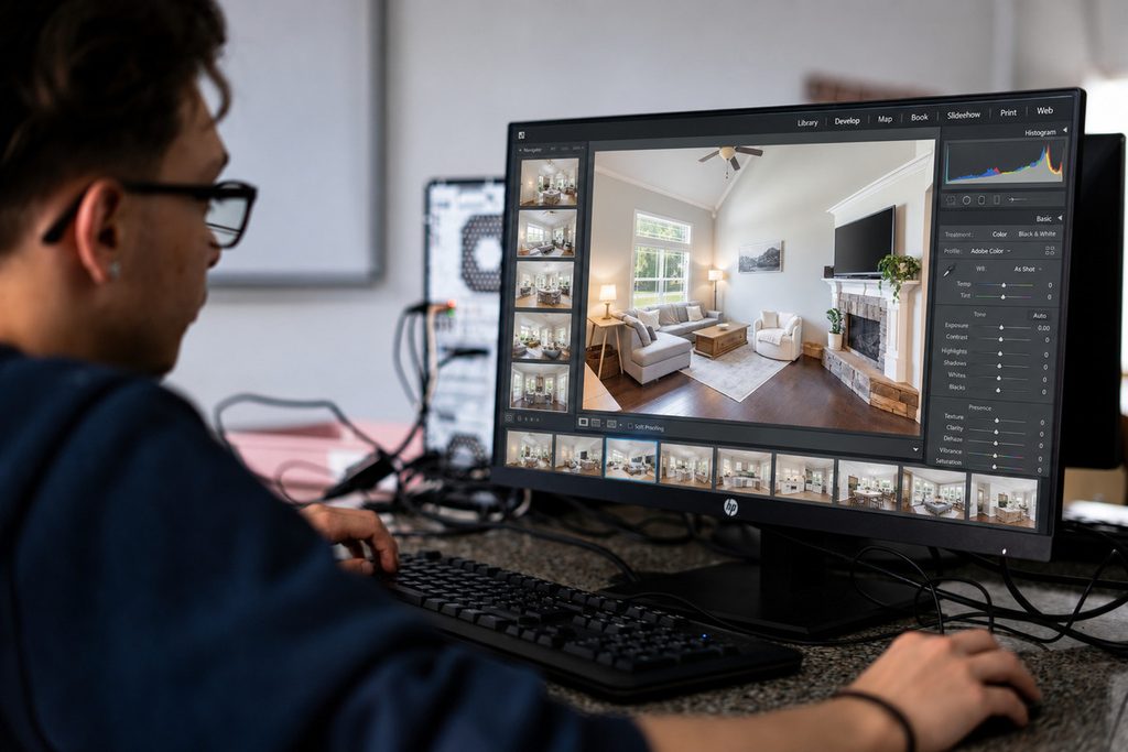 Photo editor working on real estate photography turnaround for property images
