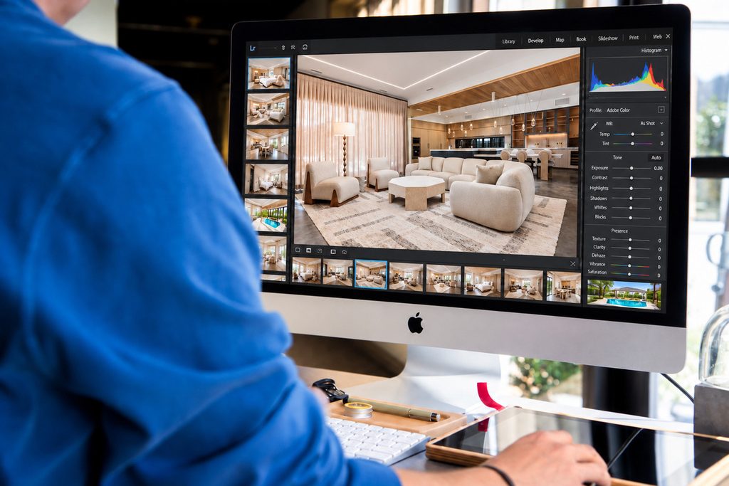 Real estate photography turnaround workflow with property photos being edited