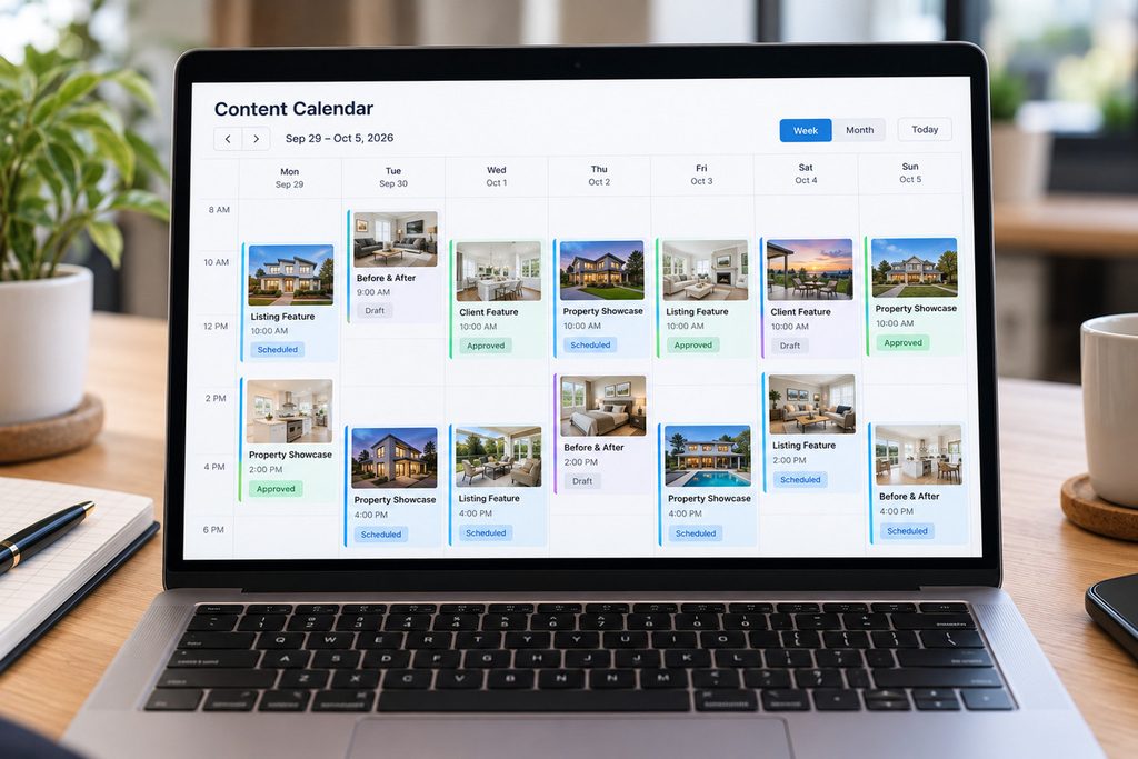 Growth Coordinator content calendar for scheduling real estate photography marketing posts.