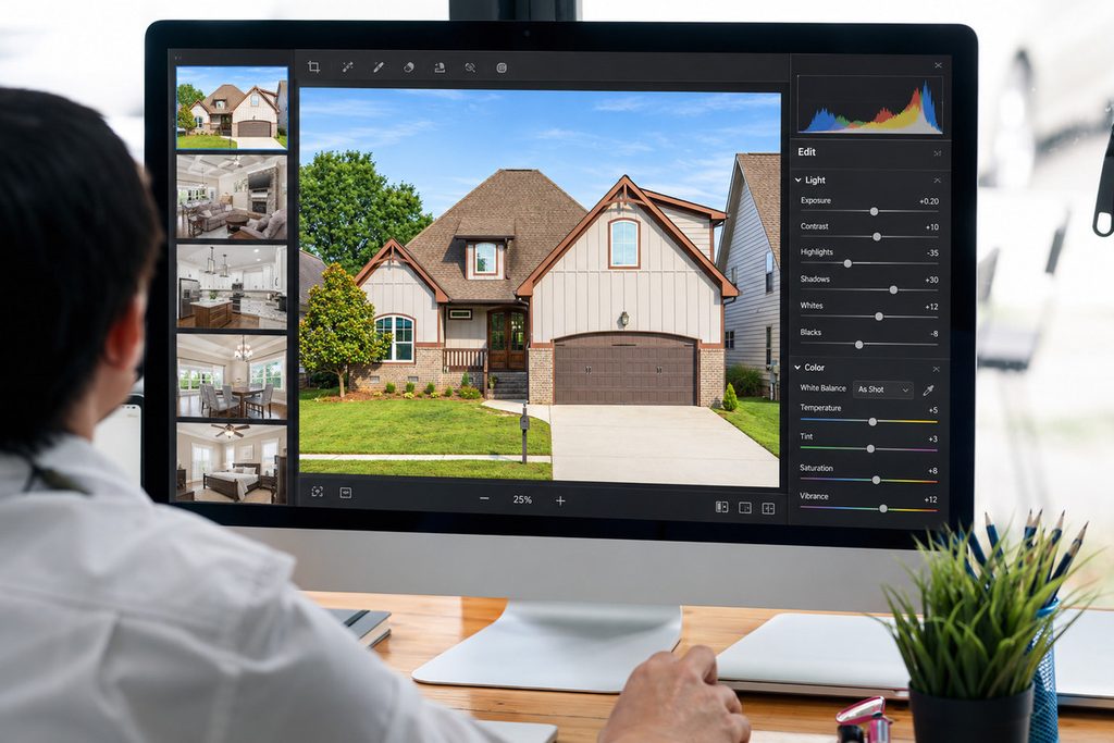 Real estate photo editing workspace for outsourcing and DIY editing