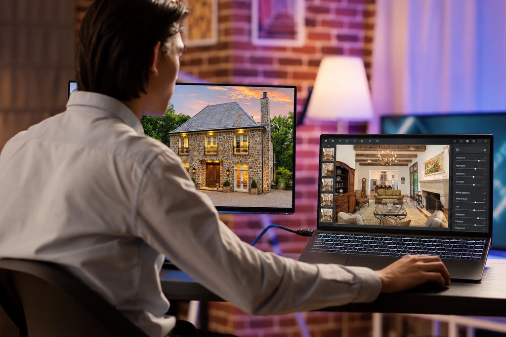 Real estate photographer comparing property images in an editing workspace