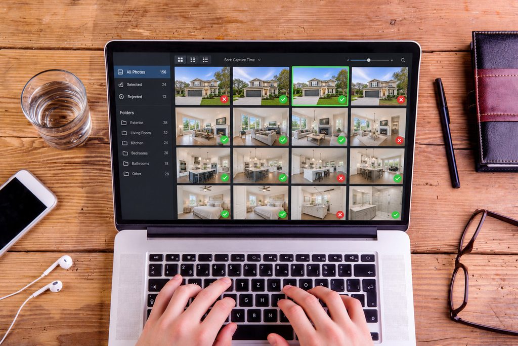 AI photo culling interface on a laptop showing selected and rejected real estate images.